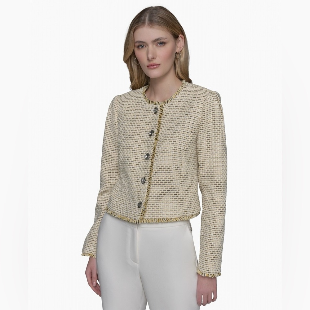 Karl Lagerfeld Paris Tweed Cropped Jacket Women’s Size 2 Yellow White NWT $189